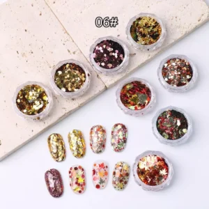 Autumn-inspired glitter set with maple leaf and circle shapes in gold and burgundy tones