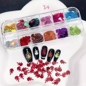 Flame-shaped metallic glitter for nails in assorted bold colors, shown with flame nail art