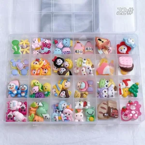 Flat Back Crystal Rhinestone Nail Charms arranged in a display grid featuring colorful resin shapes and crystals