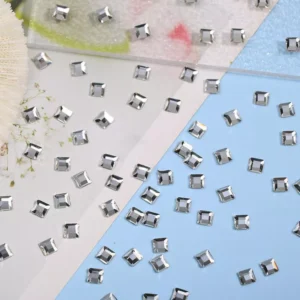 Shine Square Nail Crystals scattered on white and blue backgrounds