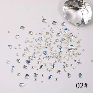 02# iridescent white nail rhinestones with heart and teardrop shapes