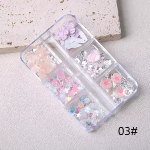 Mixed star, flower, and heart nail sequins with pastel colors