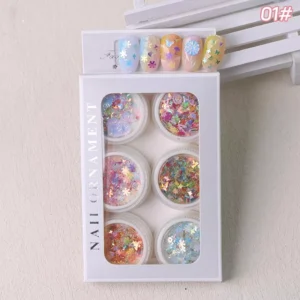 Complete boxed set of floral holographic nail glitters labeled 01# with swatch display