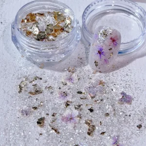 Romantic floral nail glitter mix with lavender flowers and foil flakes