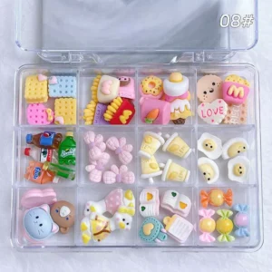 Resin nail charms shaped like soda bottles, waffles, candy, and milk tea
