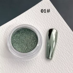 Mirror Chrome Nail Powder in forest green with metallic nail swatch