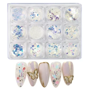 Full blue glitter flakes set with nail tips featuring butterfly charms
