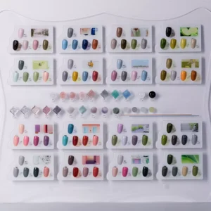 Multicolor gel polish sample swatches in daylight layout