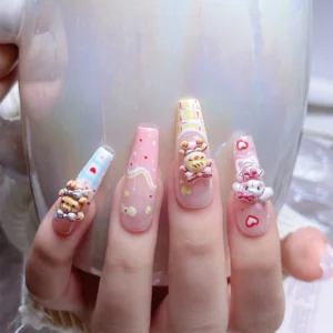 Full hand view showing 5 fingers with different Mikko characters and pastel nails