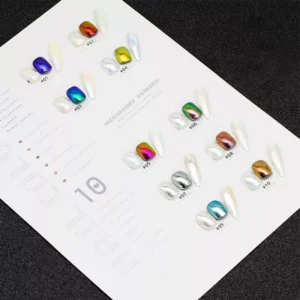 Overhead layout of mirror chrome pigment card with all 10 colors