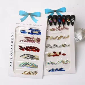 Complete set of multicolor holographic nail crystals in clear packaging