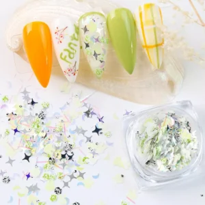 Neon green and white cartoon glitter flakes scattered on nail sample