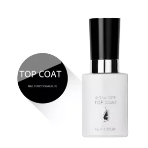 Single No-Wipe Top Coat bottle with functional glue label