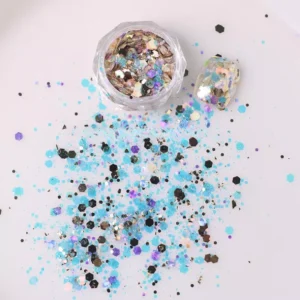 Bold holographic glitter flakes in black and silver with icy blue shimmer