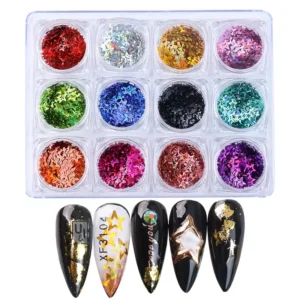 Full layout of hollow star nail sequins with black base nail samples