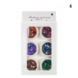 Party Nail Sequins set in bold purple, pink, and bronze glitter combinations