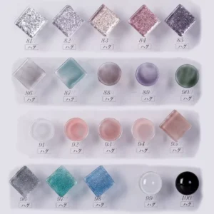 Glitter and sheer gel polish finishes – swatch close-up