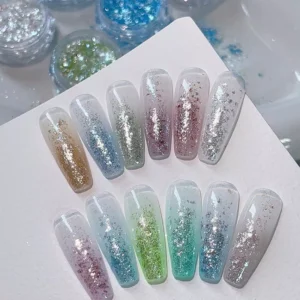 Full nail tip set with soft pastel glitter ombré look