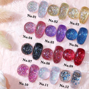 Numbered color swatches of 12 Starry Glitter Gel Polish shades on nail tips