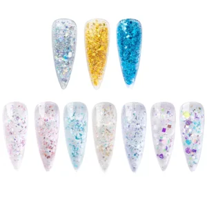 Assorted glitter gel nail swatches in translucent and holographic finishes