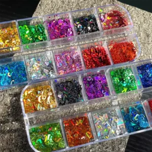 Mixed glitter nail sequins with holographic finish in vivid tones