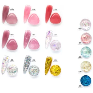 Glitter and translucent poly gel shades with gel spheres and tips