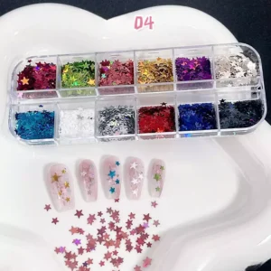 Multicolor star-shaped nail glitter sequins displayed with clear pink nail samples