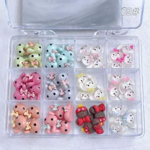 Glossy bunny nail charms with bow details in pastel and pearl finishes