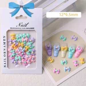 Product packaging of Glow Bow Nail Charms with full content visible