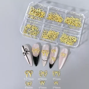 Gold metal bow nail accessories – charm box with size guide