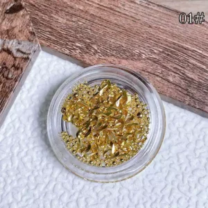 Close-up of gold chain bead mix in round container marked 01#