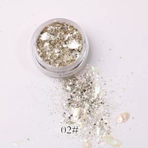 Gold glitter variant 02# with sparkle flakes spread outside the container