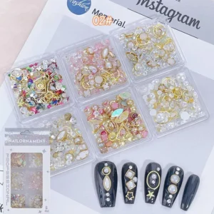 Nail decorations set 02# Gold Frame & Gem Mix with crystals, gold frames, and assorted gems shown with nail art samples
