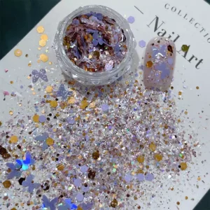 Warm tone holographic flakes with gold accents and lilac butterflies