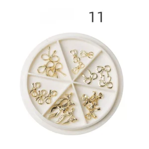 Full gold bow nail accessory wheel with various 3D metallic bow styles