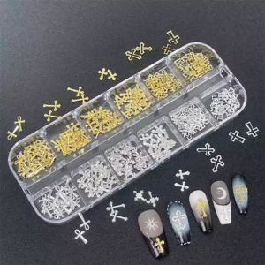 Cross nail charms in organizer box with Gothic nail art samples