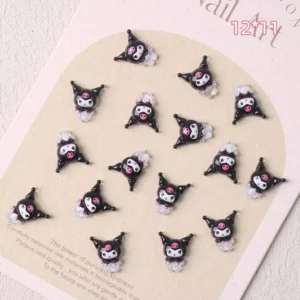 Kuromi-style black cartoon girl nail charms with glitter skirt
