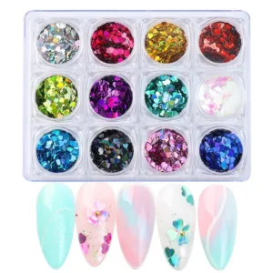 Full set of iridescent gradient heart sequins with displayed nail tips