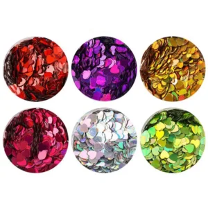 Metallic red, purple, gold, and silver heart glitter close-up