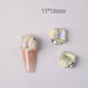 Iridescent green nail charm with cream rose and pearl, 11x13mm