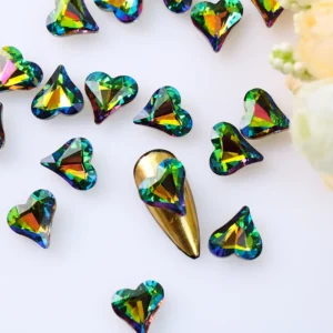 Green-toned heart-shaped crystal nail charms with reflective coating