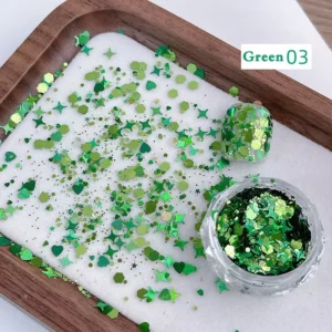 Green holographic sequins with clover, star, and heart mix for nail decoration