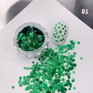 Green holographic star glitter sequins for nail art in small jar