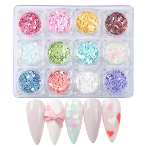 Candy Heart Nail Sequins – full box layout with press-on nail samples