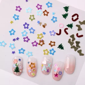 Holographic floral star sequins with 3D letters and Christmas icons for nails