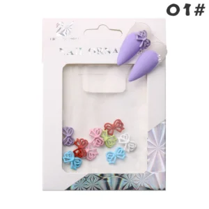Candy-tone hollow bow nail charms in retail packaging – Style 01#