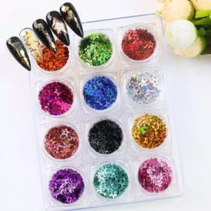Starlit Sparkle Glitter with 12-color hollow star sequins and sample nail designs