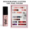 Holographic Glitter Gel Nail Polish - 48 Captivating Tones 11 Holographic Glitter Gel Nail Polish – front bottle and full 48-color chart