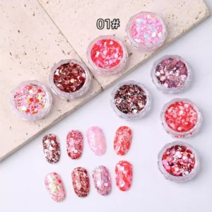 Holographic glitter flakes set for nail art in heart and hexagon shapes