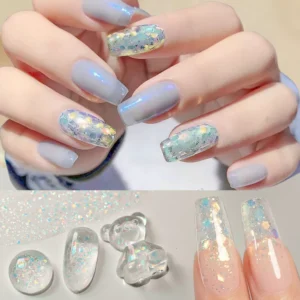 Holographic flake gel polish in soft pastels and shimmer blends